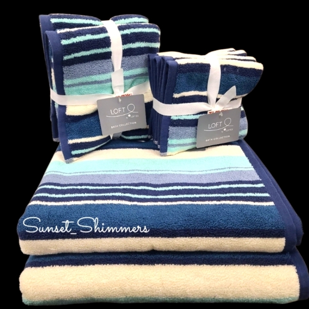 8pc Loft Turquoise Cream Blue Striped Cotton Bath Hand Washcloth Towel Set New - Picture 5 of 10